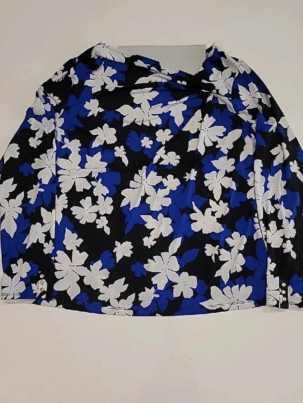 Liz Claiborne Blue Black White Floral Asymmetric Neckline Blouse Large - Picture 11 of 13